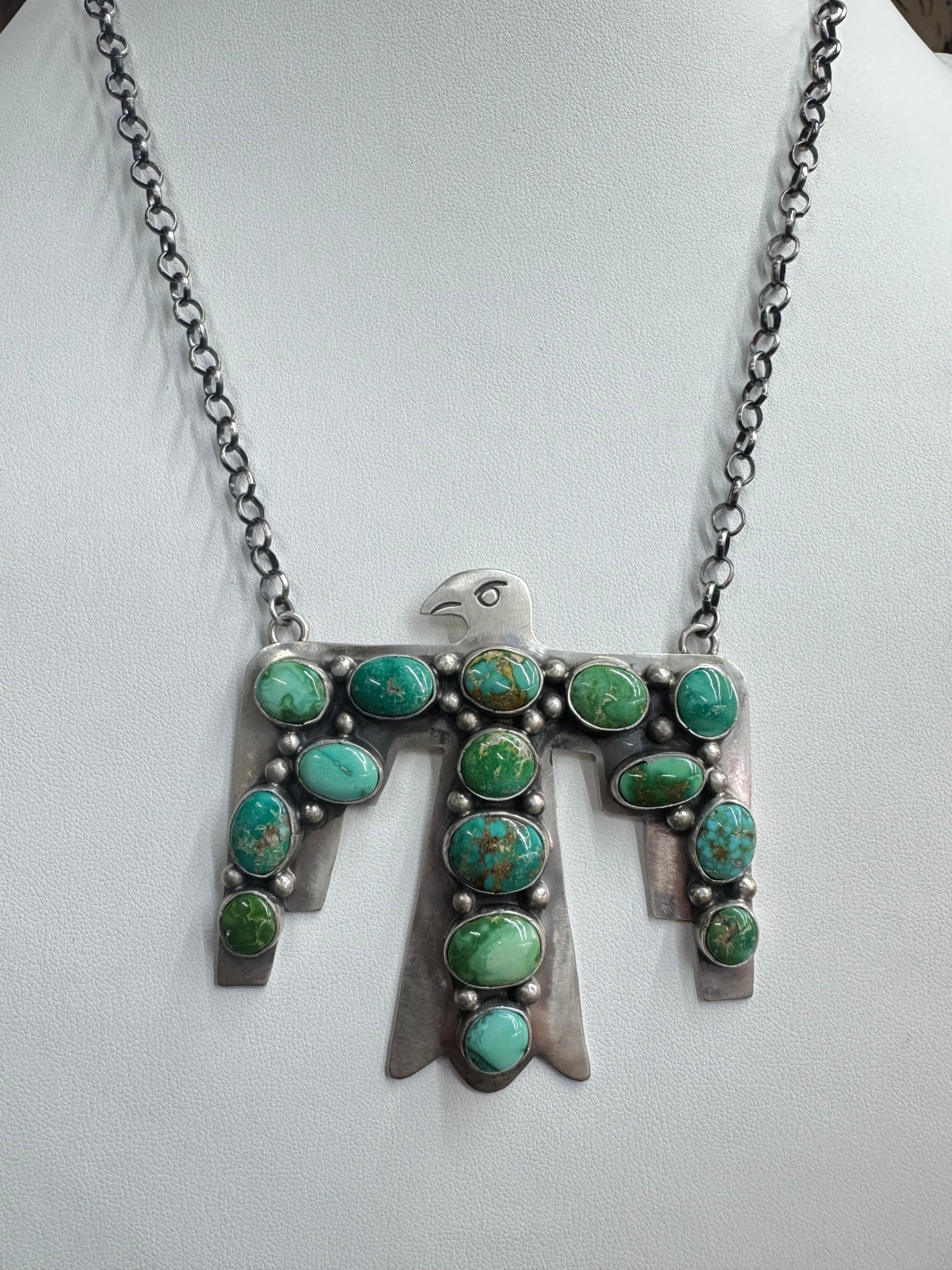 Huge Statement Handmade Native American Thunderbird Turquoise Sterling Silver Necklace