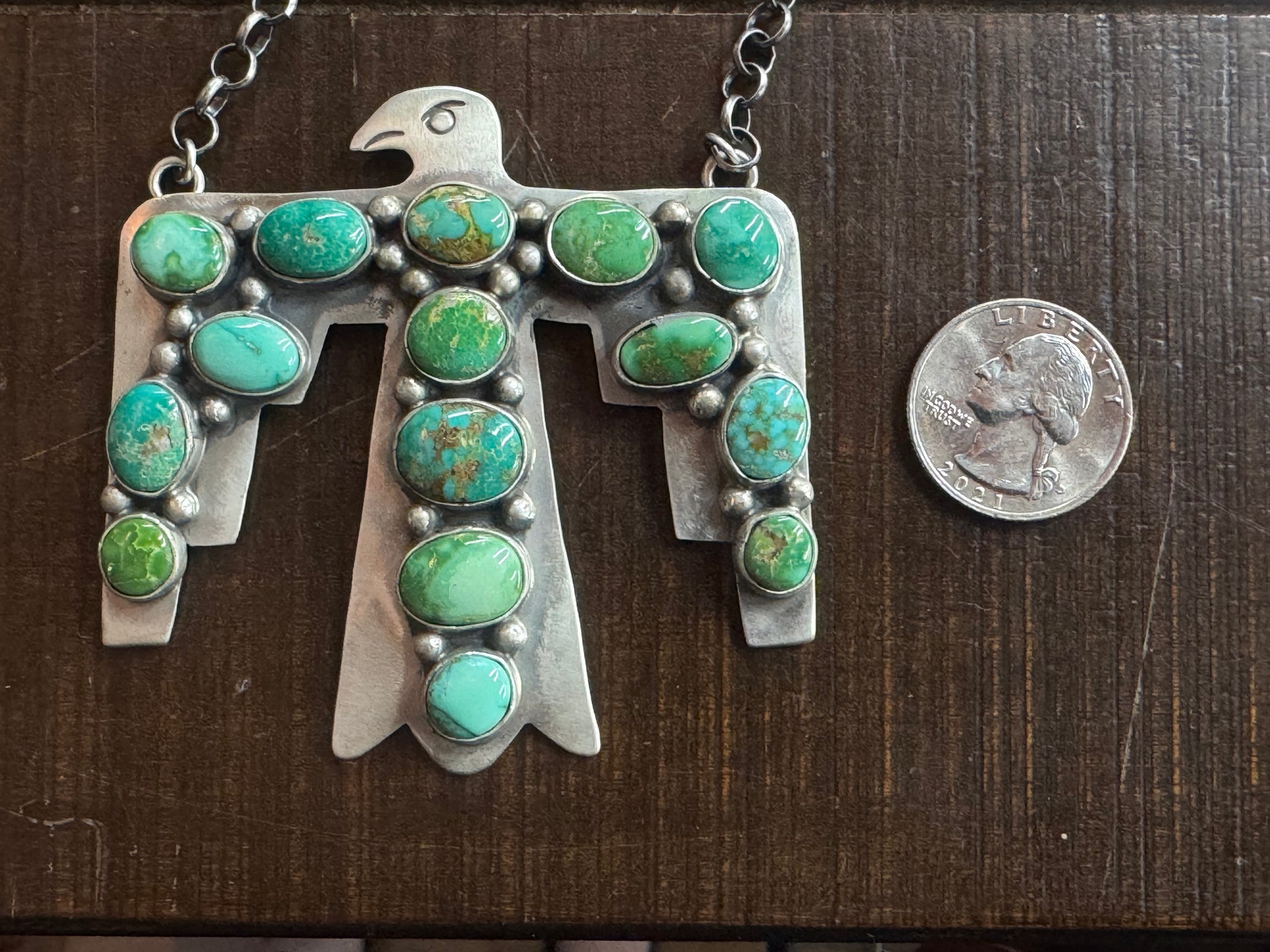 Huge Statement Handmade Native American Thunderbird Turquoise Sterling Silver Necklace