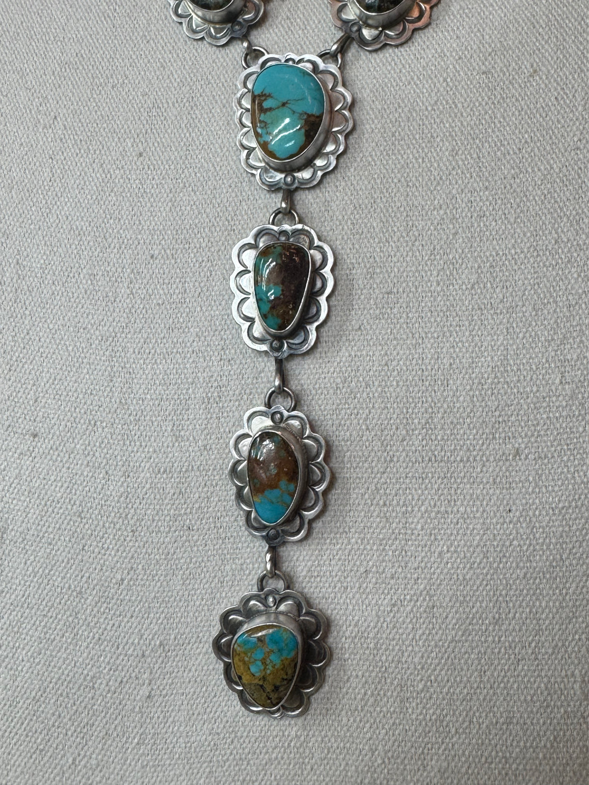 Handmade Native American Turquoise Sterling Silver Lariat Necklace with Earrings