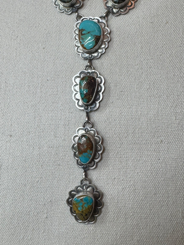Handmade Native American Turquoise Sterling Silver Lariat Necklace with Earrings