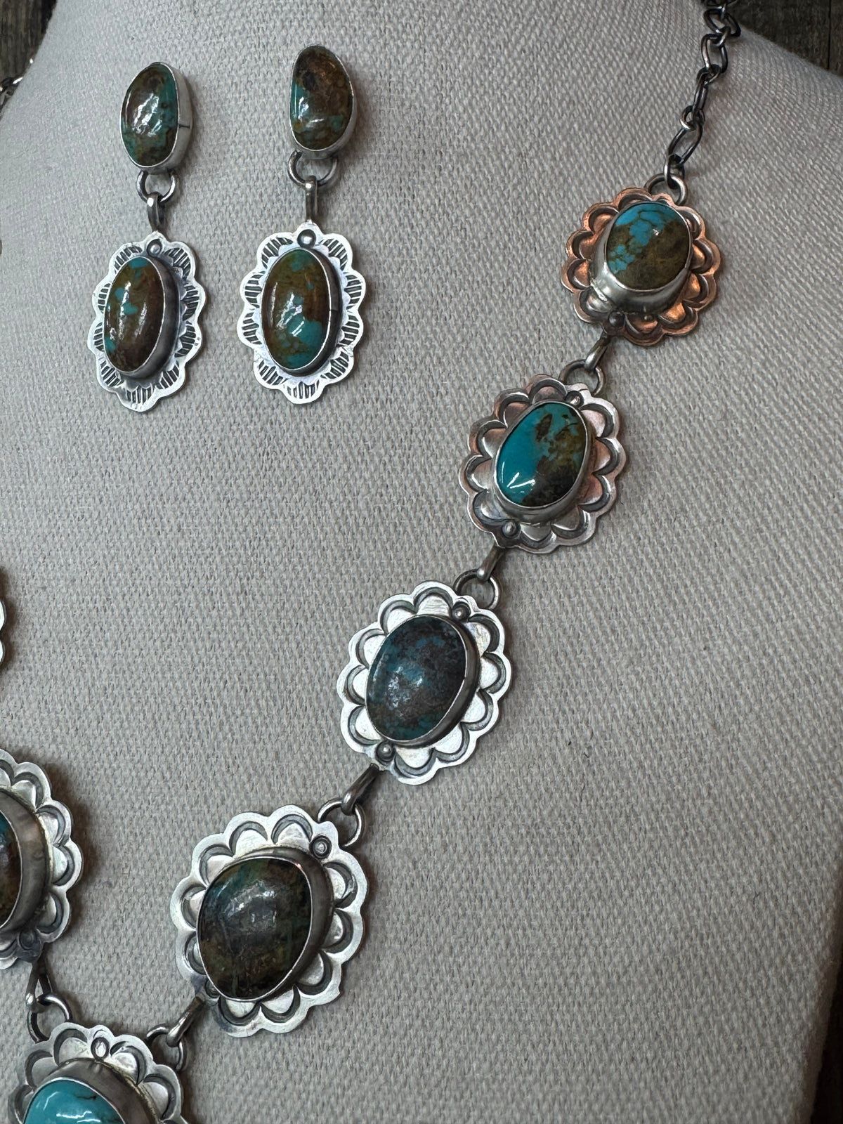 Handmade Native American Turquoise Sterling Silver Lariat Necklace with Earrings