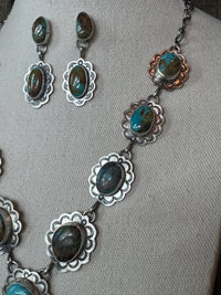 Handmade Native American Turquoise Sterling Silver Lariat Necklace with Earrings