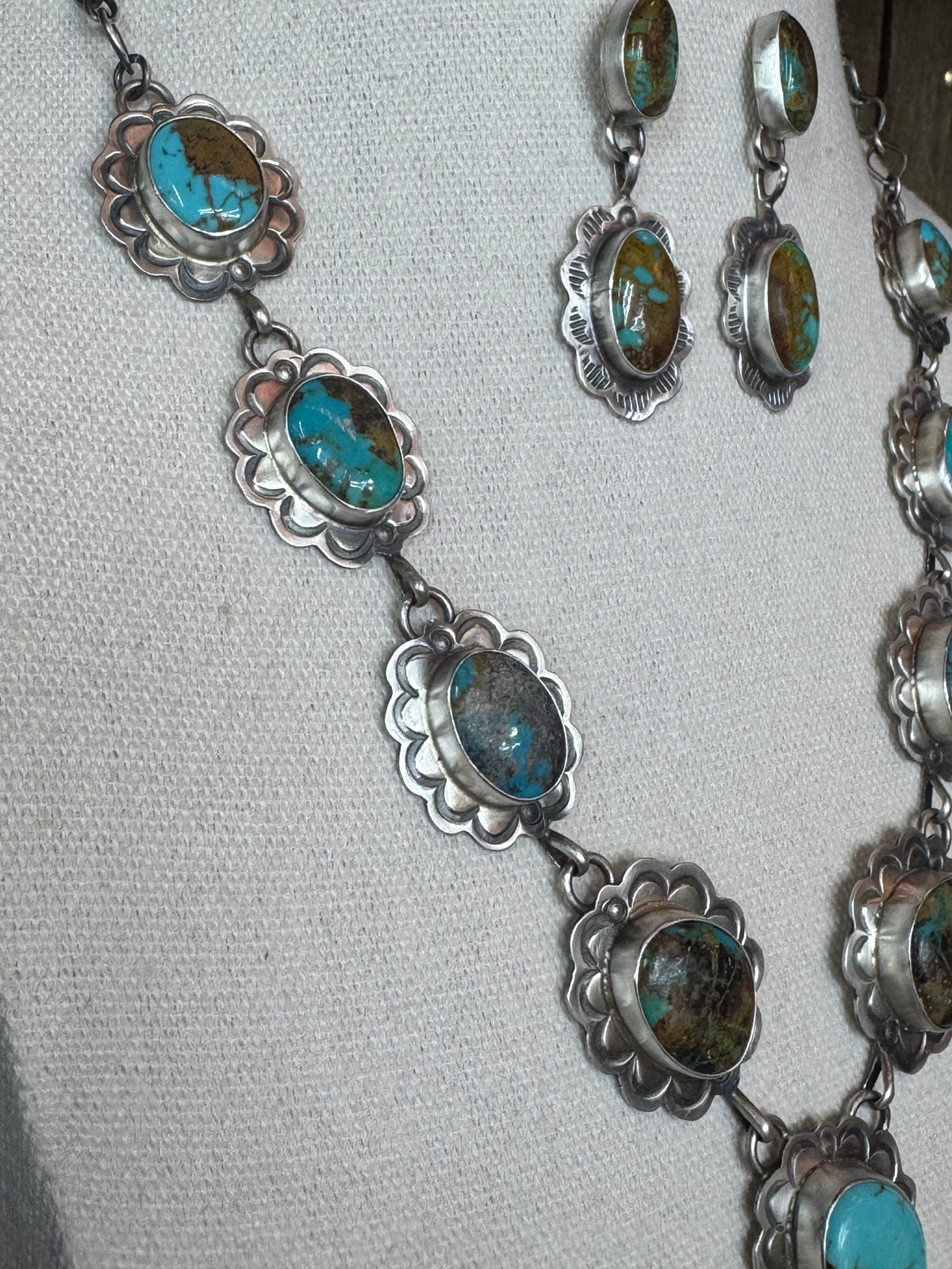 Handmade Native American Turquoise Sterling Silver Lariat Necklace with Earrings