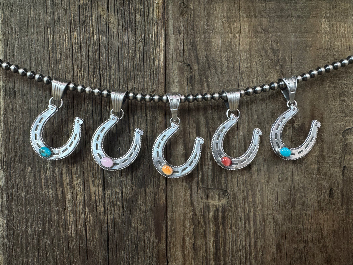 Native American Handmade Sterling Silver Horseshoe Pendant with Stone