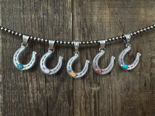 Native American Handmade Sterling Silver Horseshoe Pendant with Stone