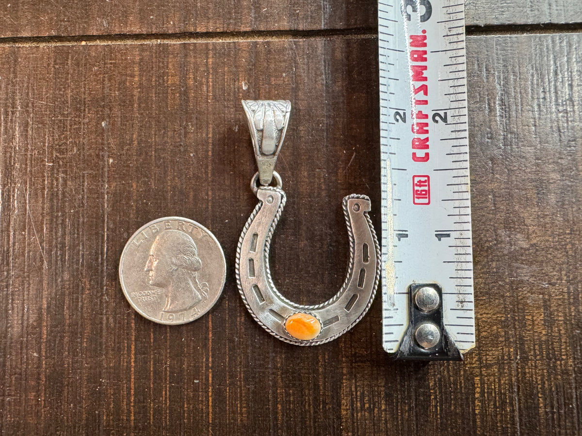 Native American Handmade Sterling Silver Horseshoe Pendant with Stone