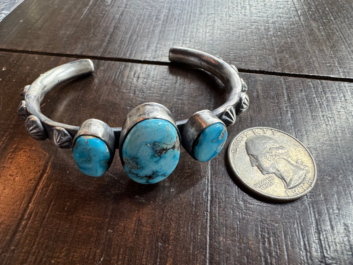 Native American Sterling Silver 3 Stone Turquoise Cuff