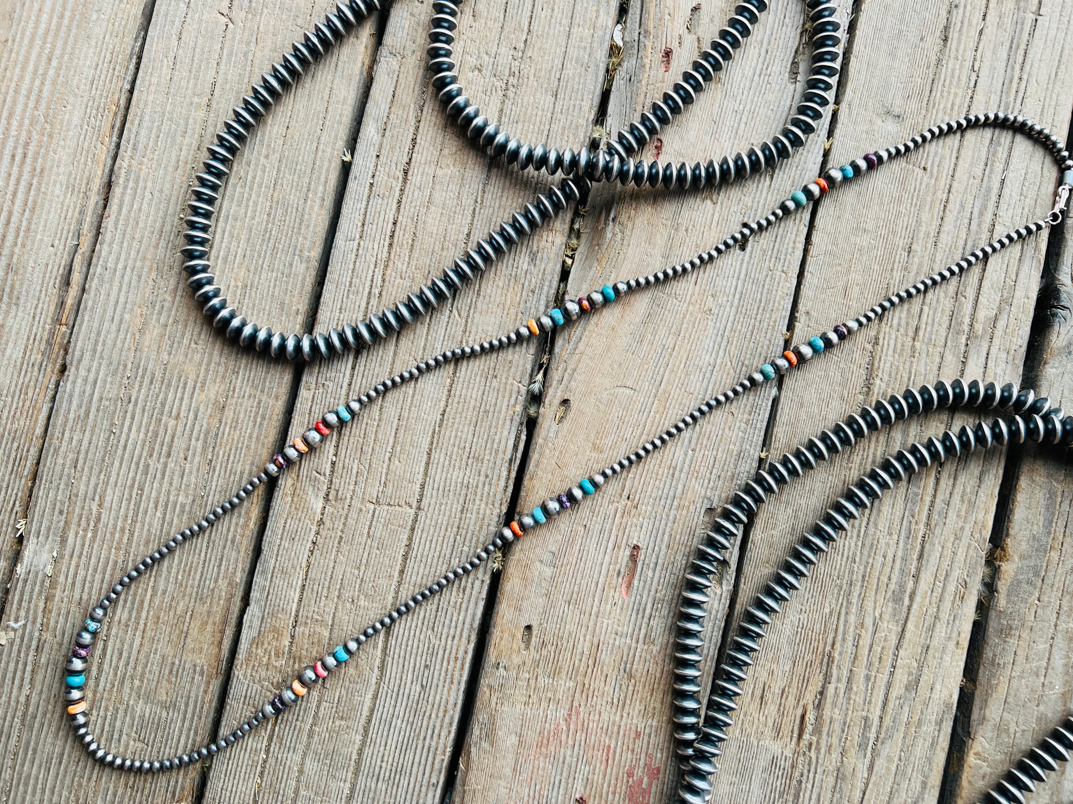 Sterling Silver Multi Stone Navajo Beaded Necklace 36”