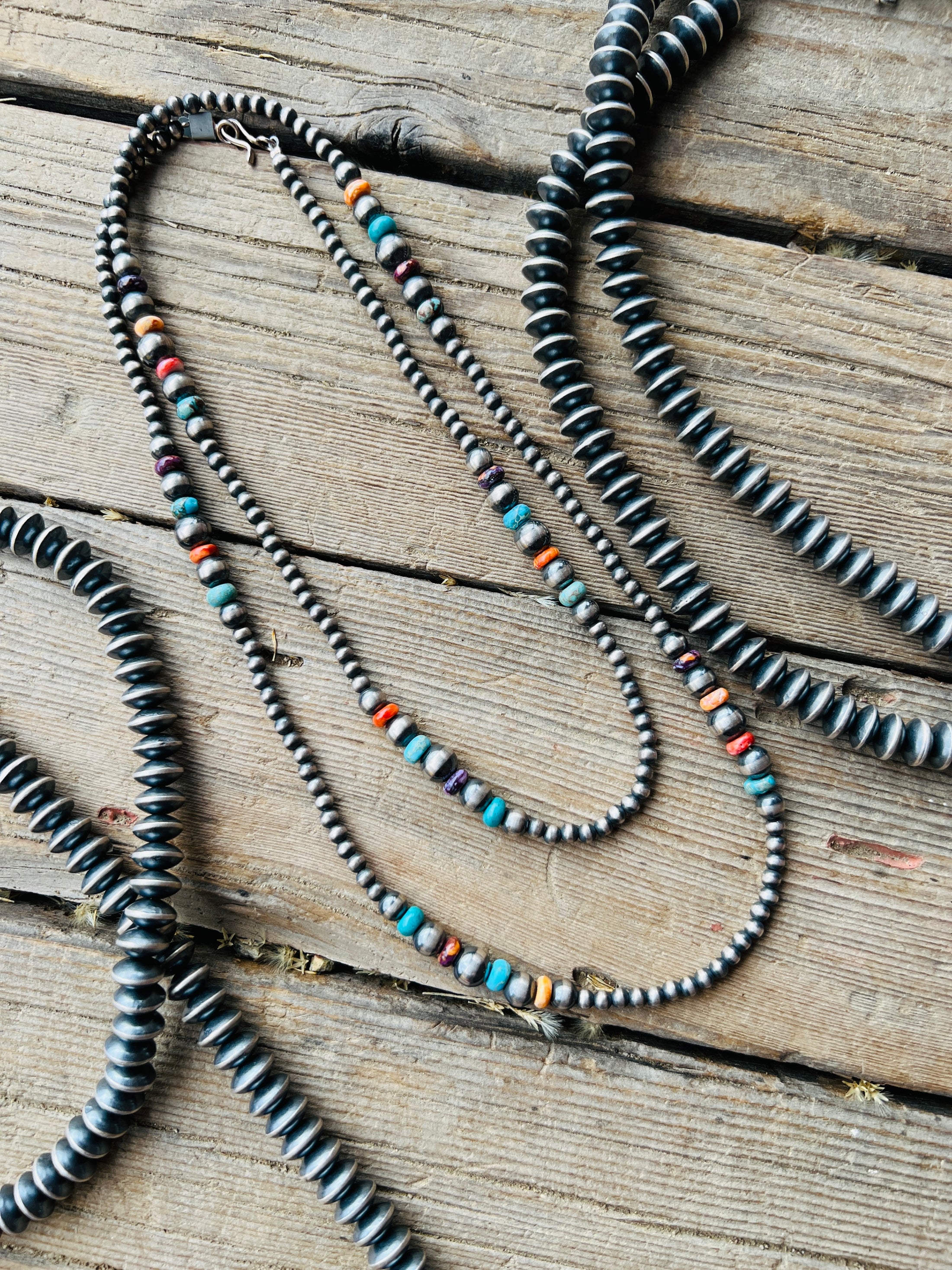 Sterling Silver Multi Stone Navajo Beaded Necklace 36”