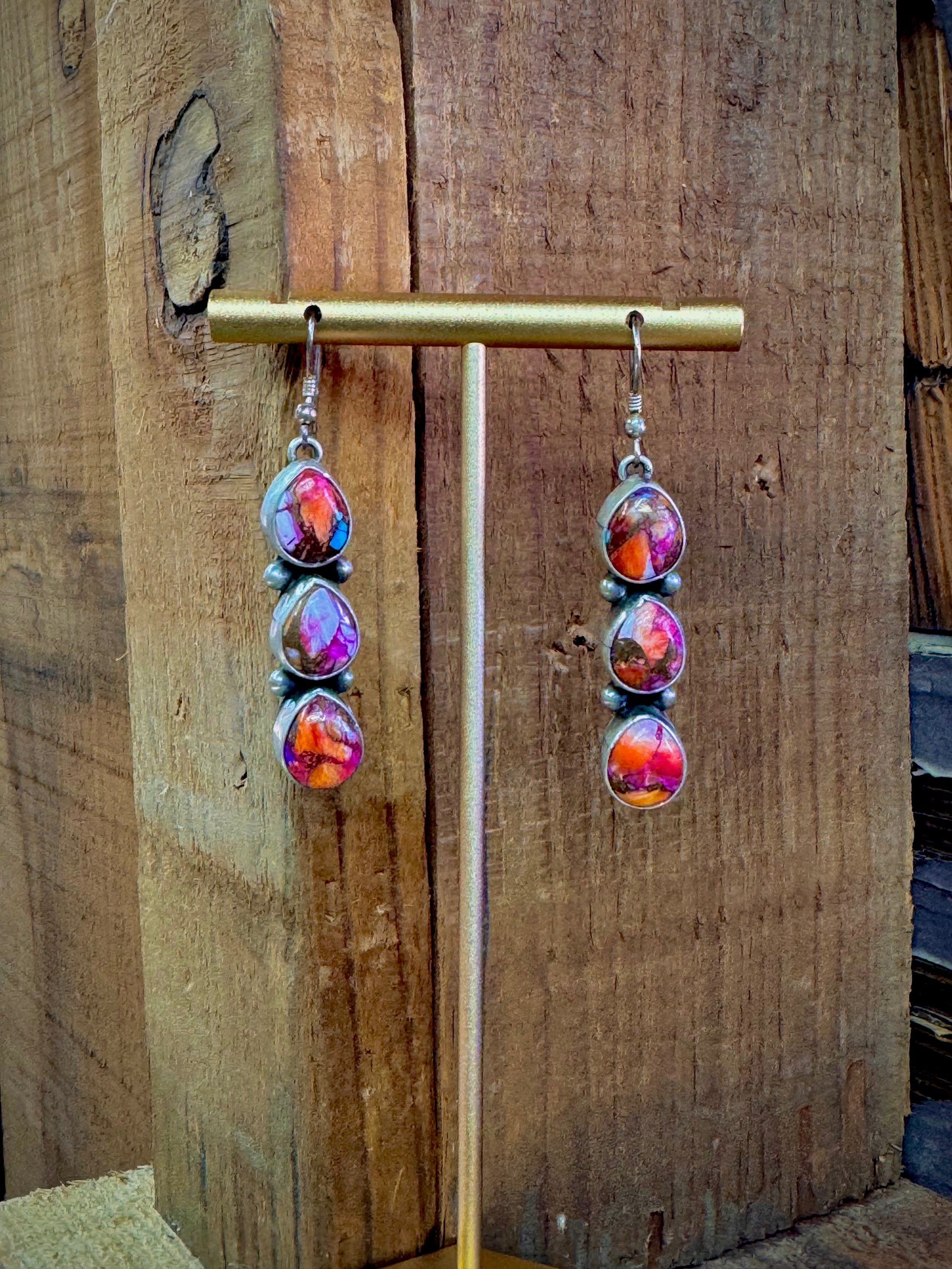 Native American Rainbow Turquoise Dangle Sterling Earrings