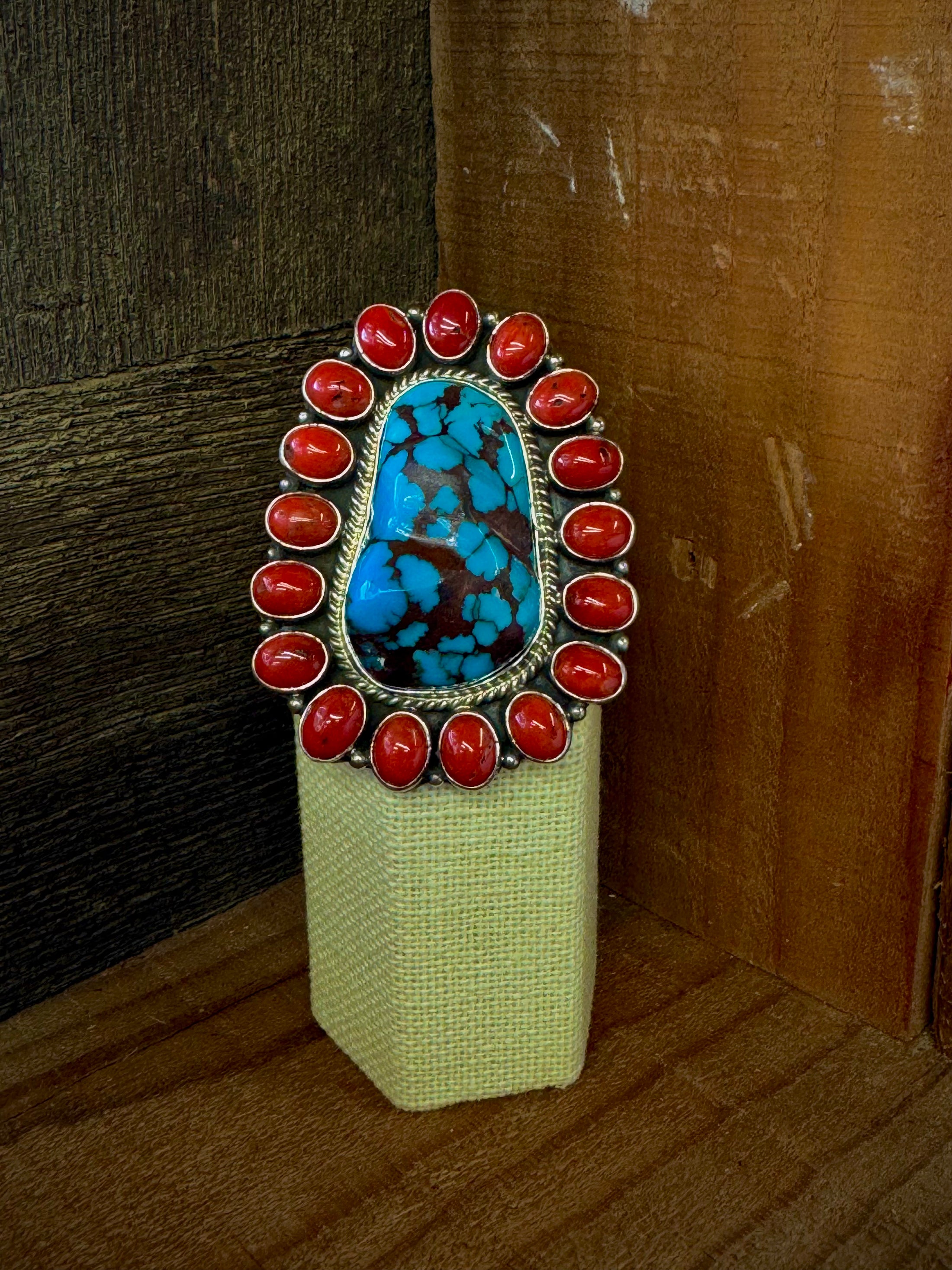 Native American Coral and Turquoise Sterling Silver Ring Signed by Artist