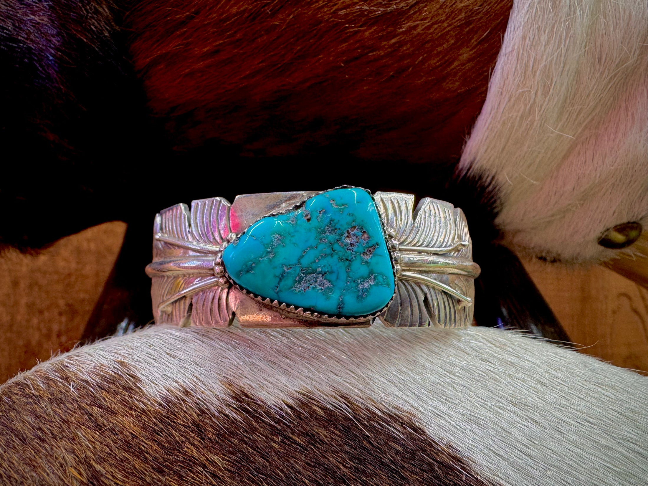 Feather Sterling Silver Cuff with Turquoise Signed by Artist