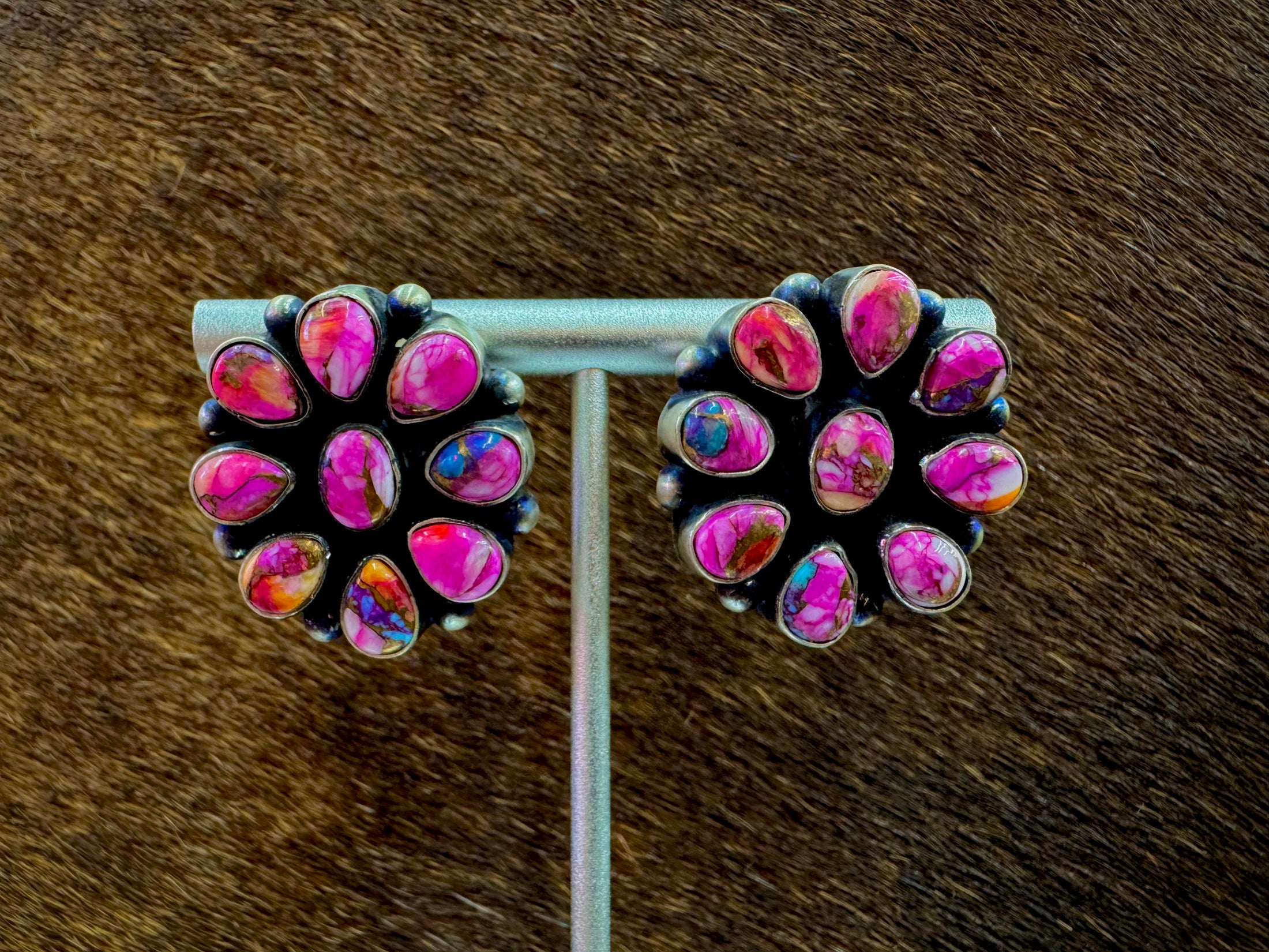 Native American Rainbow Turquoise Cluster Sterling Silver Earrings