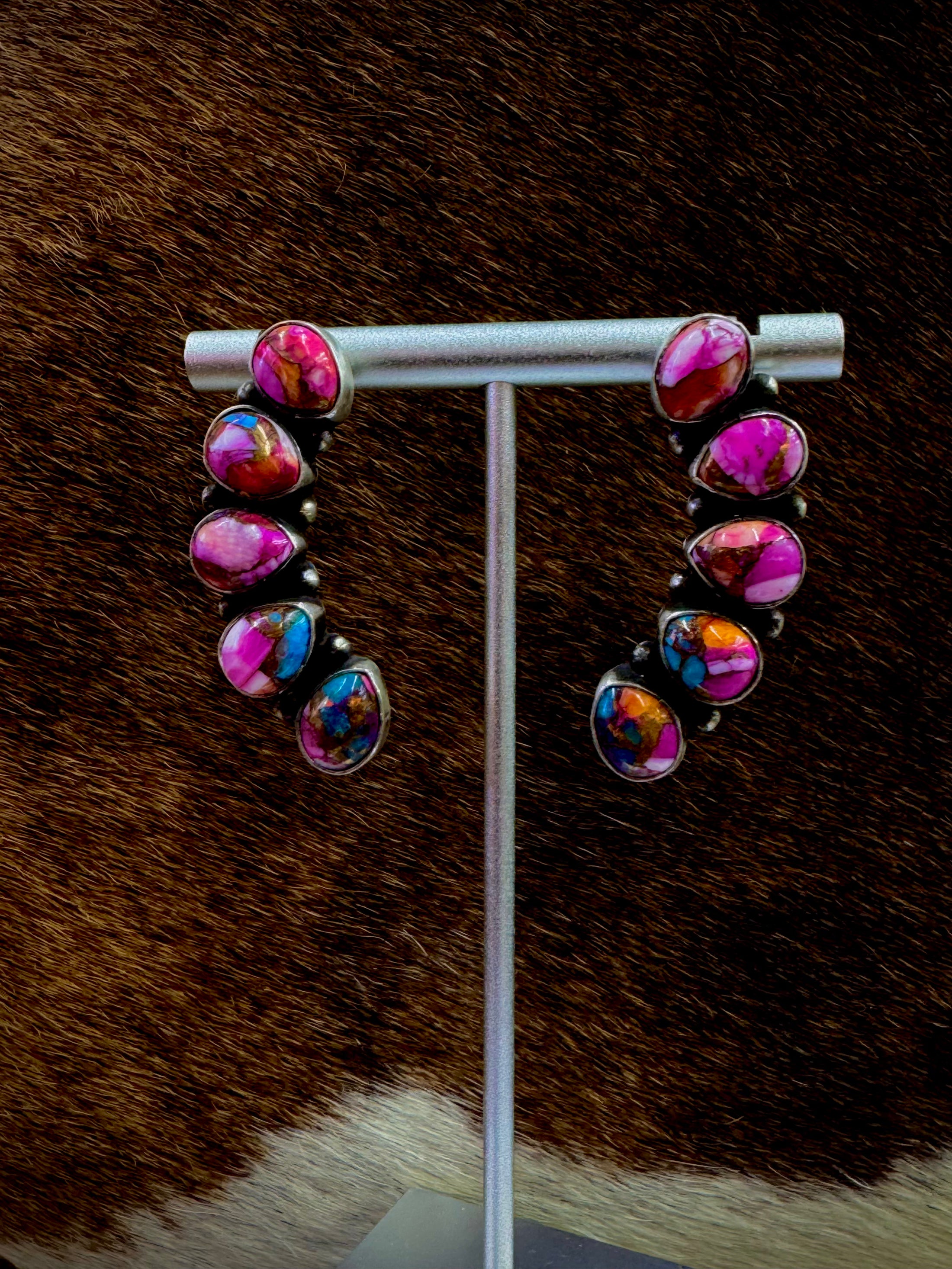 Native American Rainbow Turquoise Curved Dangle Sterling Silver Earrings