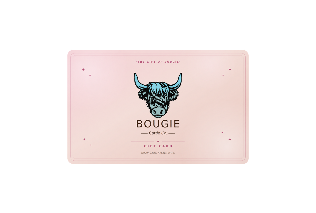 Gift card with a cow illustration and 'Bougie' branding on a pink background