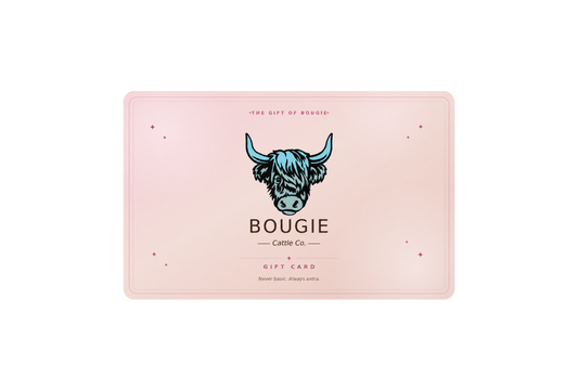 Gift card with a cow illustration and 'Bougie' branding on a pink background